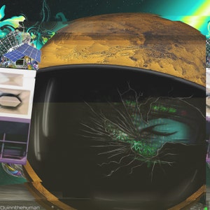 May include: Digital artwork showing a cracked screen with an eye and digital code in green and white. A golden-brown planet and a futuristic structure with solar panels are in the background. The artist's name, Quinn the Human, is at the bottom.