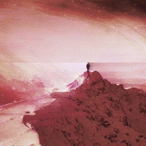May include: A solitary figure stands on a snow-capped mountain peak, looking out at a swirling, pink and orange galaxy in the sky.