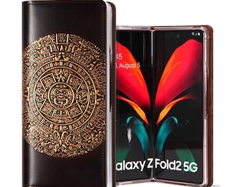 Motimo Mayan Aztec Calendar Bronze Leather Case for Galaxy Z Fold 2, Z Fold 3, Z Fold 4, Z Fold 5 - W/O Button Closure