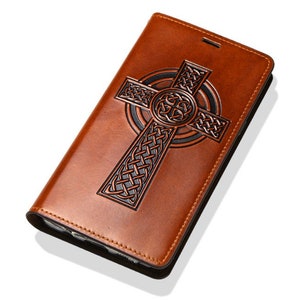 Motimo Celtic Cross Leather Case for iPhone 11/12/13/14/15/16 Series, Galaxy S22/S23/S24 Series - W/O Button Closure