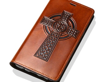 Motimo Celtic Cross Leather Case for iPhone 11/12/13/14/15 Series, Note 20/20 Ultra, Galaxy S20/S21/S22/S23/S24 Series - W/O Button Closure