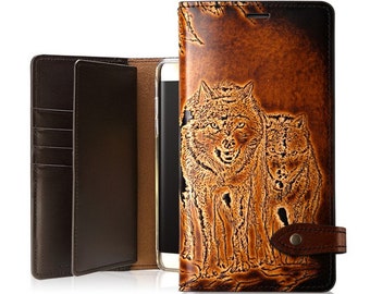 Motimo Bi-Fold Wolf Embossed Leather Wallet Case for iPhone 11/12/13/14/15 Series, Note 20/20 Ultra, Galaxy S22/S23/S24 Series