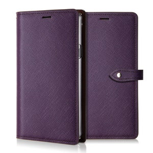 May include: A purple leather phone case with a flap that folds over the front of the phone. The case has a small pocket on the outside and a strap that can be used to hold the case closed.