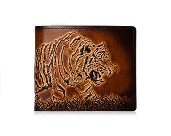 Motimo Tiger Embossed Leather Men's Wallet, Minimalistic Leather Wallet, Slim Wallet, Bifold Wallet