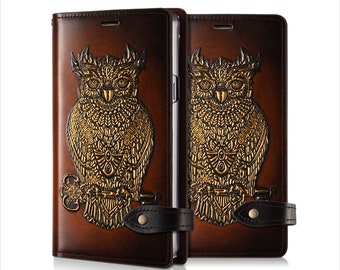 Motimo Golden Owl Embossed Leather Case for iPhone 11/12/13/14/15 Series, Note 20/20 Ultra, Galaxy S21/S22/S23/S24 Series - Button Closure