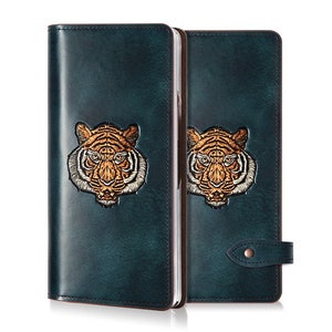 Motimo Tiger Face Embossed Leather Case for Galaxy Z Fold 2, Z Fold 3, Z Fold 4, Z Fold 5, Z Fold 6 - With Button Closure