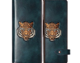 Motimo Tiger Face Embossed Leather Case for Galaxy Z Fold 2, Z Fold 3, Z Fold 4, Z Fold 5 - With Button Closure