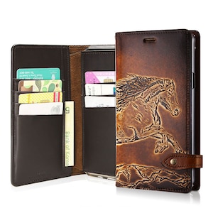 Motimo Bi-Fold Wild Horse Embossed Leather Wallet Case for iPhone 11/12/13/14/15/16 Series, Galaxy S23/S24/S25 Series, Galaxy S25 Edge