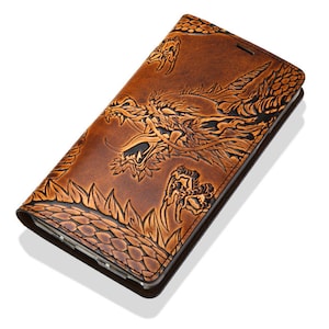 Motimo Dragon Embossed Leather Wallet Case for iPhone 12/13/14/15/16 Series, Galaxy S23/S24/S25 Series - W/O Button Closure