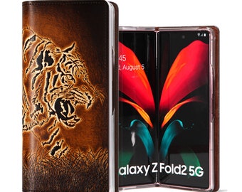 Motimo Tiger Embossed Leather Case for Galaxy Z Fold 2, Z Fold 3, Z Fold 4, Z Fold 5 - W/O Button Closure