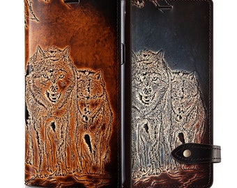 Motimo Wolf Embossed Leather Case for iPhone 11/12/13/14/15 Series, Note 20/20 Ultra, Galaxy S22/S23/S24 Series - Button Closure