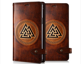 Motimo Valknut Leather Case for iPhone 11/12/13/14/15 Series, Note 20/20 Ultra, Galaxy S20/S21/S22/S23/S24 Series - Button Closure