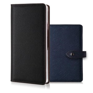 May include: A black rectangular wallet with a textured surface and a navy blue rectangular wallet with a matching textured finish, featuring a small strap closure with a silver-toned metal snap button on the right side of the navy blue wallet.