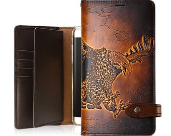 Motimo Bi-Fold Eagle Embossed Leather Wallet Case for iPhone 12/13/14/15/16/17 Series, Galaxy S23/S24/S25/S26 Series, Galaxy S25 Edge