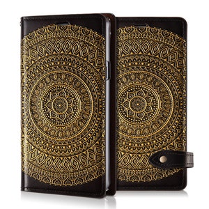 Motimo Mandala Embossed Leather Wallet Case for iPhone 11/12/13/14/15/16 Series, Galaxy S23/S24/S25 Series - Button Closure