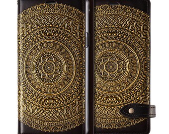 Motimo Mandala Embossed Leather Wallet Case for iPhone 11/12/13/14/15 Series, Note 20/20 Ultra, Galaxy S22/S23/S24 Series - Button Closure