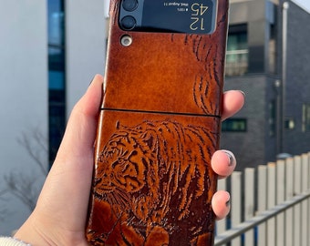 Tiger Embossed Genuine Leather Cover Case for Galaxy Z Flip 4