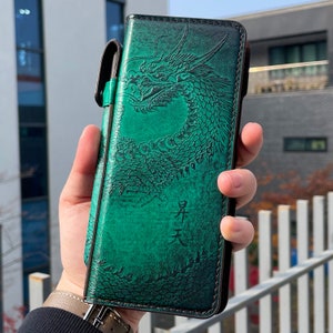 Dragon Embossed Galaxy Z Fold 6 Leather Wallet Case, S-Pen Holder, Magnetic Closure, Free Names/Initials Engraving