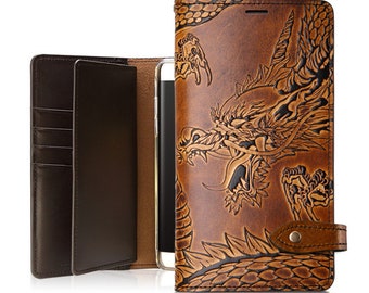 Motimo Bi-Fold Dragon Embossed Leather Wallet Case for iPhone 11/12/13/14/15 Series, Note 20/20 Ultra, Galaxy S21/S22/S23/S24 Series