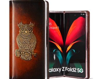 Motimo Golden Owl Embossed Leather Case for Galaxy Z Fold 2, Z Fold  3, Z Fold 4, Z Fold 5 - W/O Button Closure