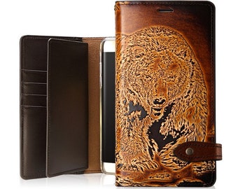 Motimo Bi-Fold Bear Embossed Leather Wallet Case for iPhone 11/12/13/14/15 Series, Note 20/20 Ultra, Galaxy S22/S23/S24 Series