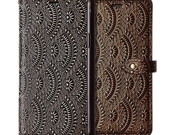 Motimo Sun Embossed Leather Wallet Case for iPhone 11/12/13/14/15 Series, Note 20/20 Ultra, S21/S22/S23/S24 Series - Button Closure