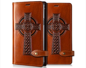 Motimo Celtic Cross Leather Case for iPhone 11/12/13/14/15 Series, Note 20/20 Ultra, Galaxy S20/S21/S22/S23/S24 Series - Button Closure