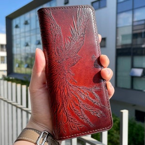 Phoenix Embossed Leather Wallet Case for Galaxy Z Fold 4 5g, S Pen Holder, Magnetic Closure, Free Initials/Names Engraving