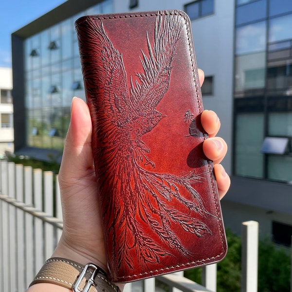 Phoenix Embossed Leather Wallet Case for Galaxy Z Fold 4 5g, S Pen Holder, Magnetic Closure, Free Initials/Names Engraving