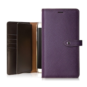 May include: A purple leather phone case with a flap that folds over the screen. The case has a built-in wallet with slots for cards and cash.