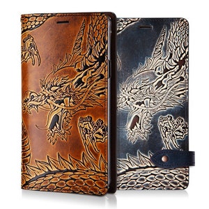 Motimo Dragon Embossed Leather Case for iPhone 11/12/13/14/15/16 Series, Galaxy S23/S24/S25 Series - Button Closure