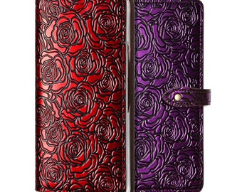 Motimo Rose Embossed Leather Wallet Case for Z Fold 3, Z Fold 4, Z Fold 5 - Button Closure