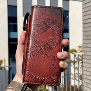 Dragon Embossed Galaxy Z Fold 5 Leather Wallet Case, S-Pen Holder, Magnetic Closure, Free Names/Initials Engraving