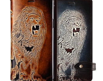 Motimo Lion Embossed Leather Case for iPhone 11/12/13/14/15 Series, Note 20/20 Ultra, Galaxy S21/S22/S23/S24 Series - Button Closure