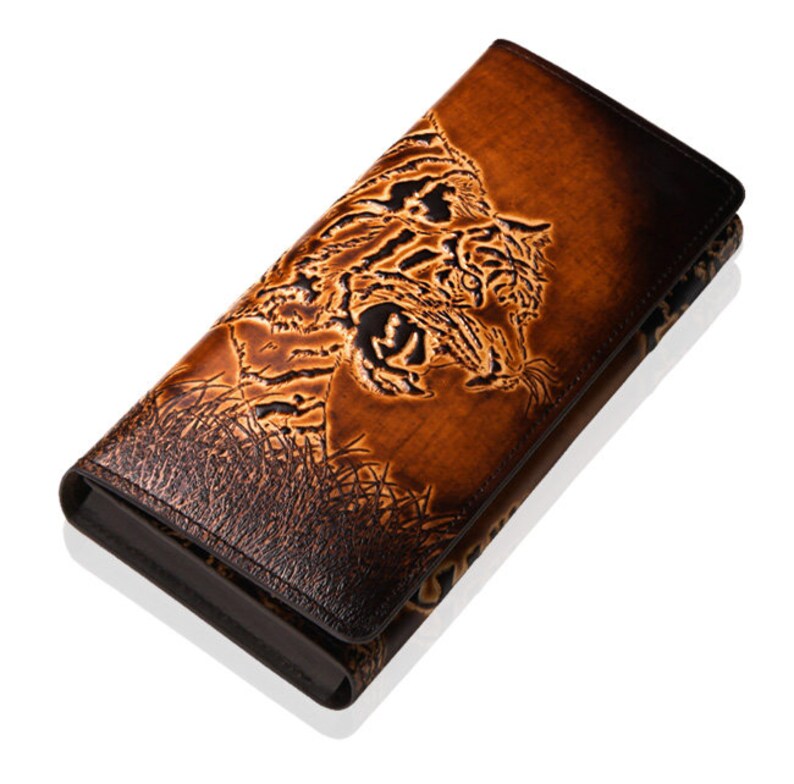 Long Wallet Men Long Wallet Women Motimo Tiger Embossed Brown Long Leather Wallet
