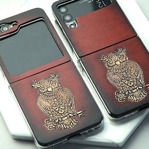 Motimo Golden Owl Embossed Leather Cover Case for Galaxy Z Flip 3, Z Flip 4, Z Flip 5, Z Flip 6
