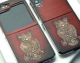 Motimo Golden Owl Embossed Leather Cover Case for Galaxy Z Flip 3, Z Flip 4, Z Flip 5