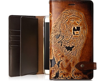 Motimo Bi-Fold Lion Embossed Leather Wallet Case for iPhone 12/13/14/15/16/17 Series, Galaxy S23/S24/S25/S26 Series, Galaxy S25 Edge