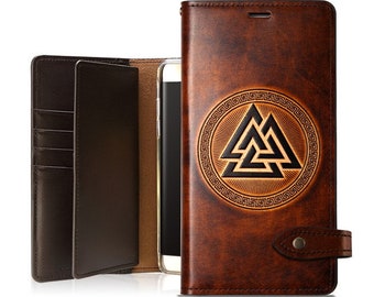 Motimo Bi-Fold Valknut Leather Case for iPhone 11/12/13/14/15 Series, Note 20/20 Ultra, Galaxy S20/S21/S22/S23/S24 Series