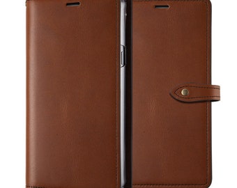 Motimo Vegetable Tanned Leather Wallet Case for iPhone 11/12/13/14/15 Series, Note 20/20 Ultra, Galaxy S22/S23/S24 Series - Button Closure