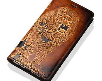 Motimo Lion Embossed Leather Case for iPhone 11/12/13/14/15 Series, Note 20/20 Ultra, Galaxy S22/S23/S24 Series - W/O Button Closure
