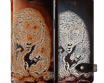 Motimo Bear Embossed Leather Case for iPhone 11/12/13/14/15 Series, Note 20/20 Ultra, Galaxy S20/S21/S22/S23/S24 Series - Button Closure