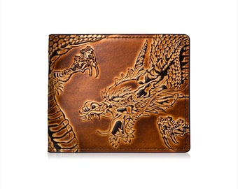 Motimo Dragon Embossed Leather Men's Wallet, Minimalistic Leather Wallet, Slim Wallet, Bifold Wallet