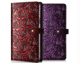 Motimo Rose Embossed Leather Case for iPhone 11/12/13/14/15 Series, Note 20/20 Ultra, Galaxy S22/S23/S24 Series - Button Closure