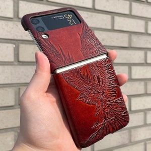 Phoenix Embossed Genuine Leather Cover Case for Galaxy Z Flip 4, Z Flip 5, Z Flip 6, Z Flip 7