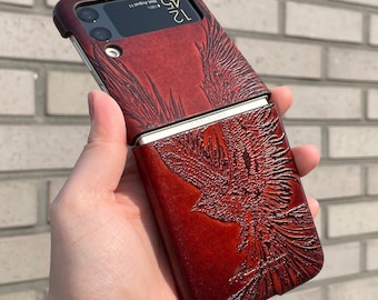 Phoenix Embossed Genuine Leather Cover Case for Galaxy Z Flip 4, Z Flip 5