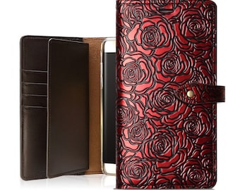 Motimo Bi-Fold Rose Embossed Leather Wallet Case for iPhone 12/13/14/15/16/17 Series, Galaxy S23/S24/S25/S26 Series, Galaxy S25 Edge