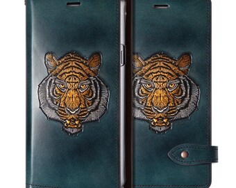 Motimo Tiger Face Embossed Leather Case for iPhone 11/12/13/14/15 Series, Note 20/20 Ultra, Galaxy S21/S22/S23/S24 Series - Button Closure