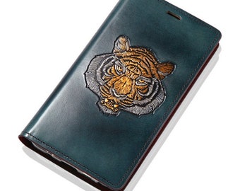 Motimo Tiger Face Embossed Leather Case for iPhone 11/12/13/14/15 Series, Note 20/20 Ultra, Galaxy S22/S23/S24 Series - W/O Button Closure