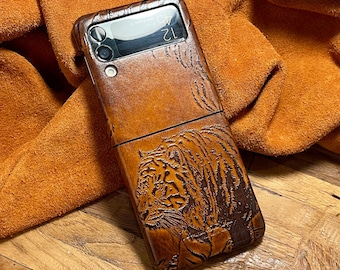 Tiger Embossed Genuine Leather Cover Case for Galaxy Z Flip 3
